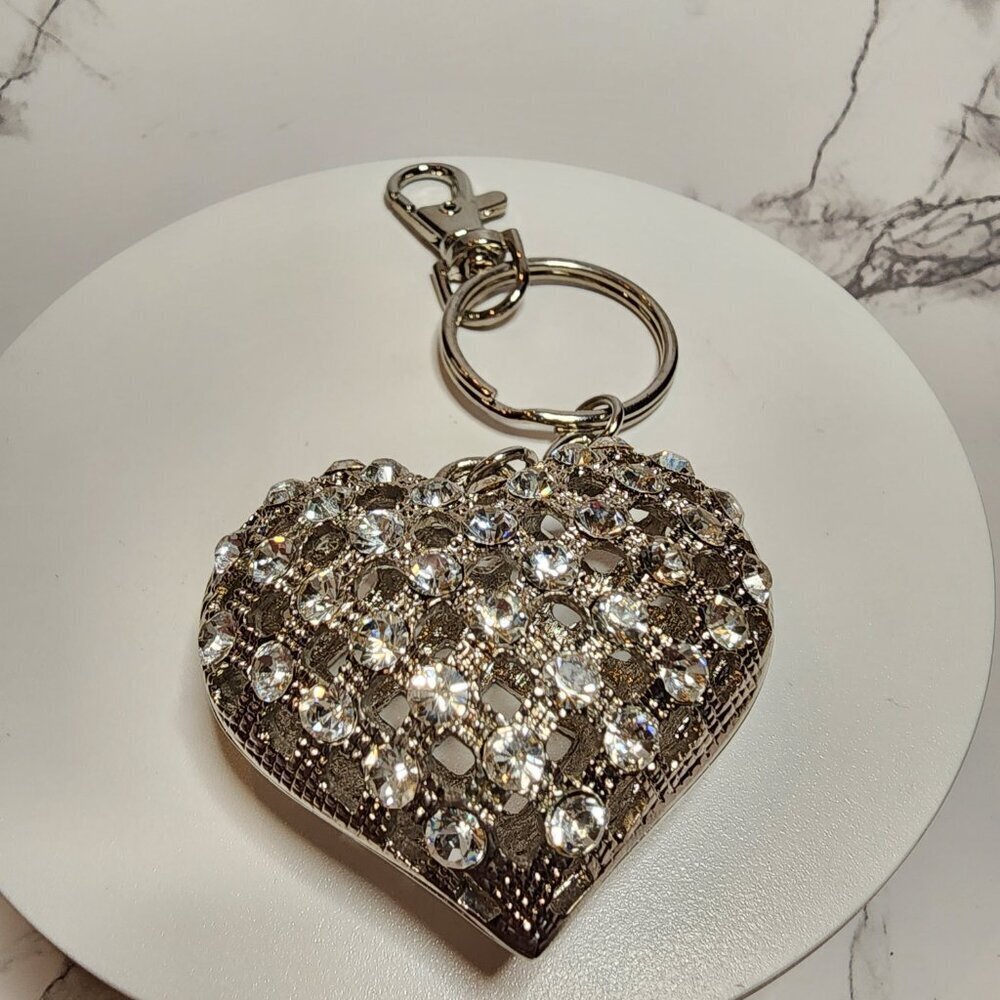 XL Rhinestone Puffy Silver Heart Keychain - Picture 4 of 6